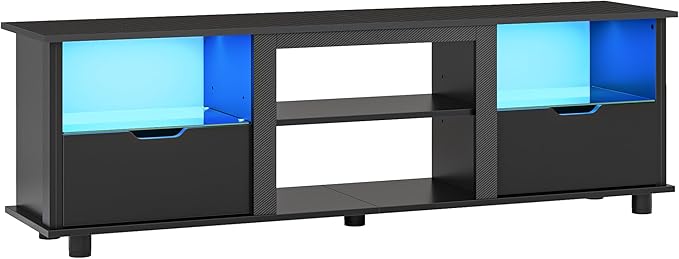 Bestier 70" Gaming Entertainment Center with Drawers, LED TV Stand for 75 Inch TV, TV Entertainment Stand for Living Room with Storage and Glass Shelves (Black 3D Carbon Fiber)