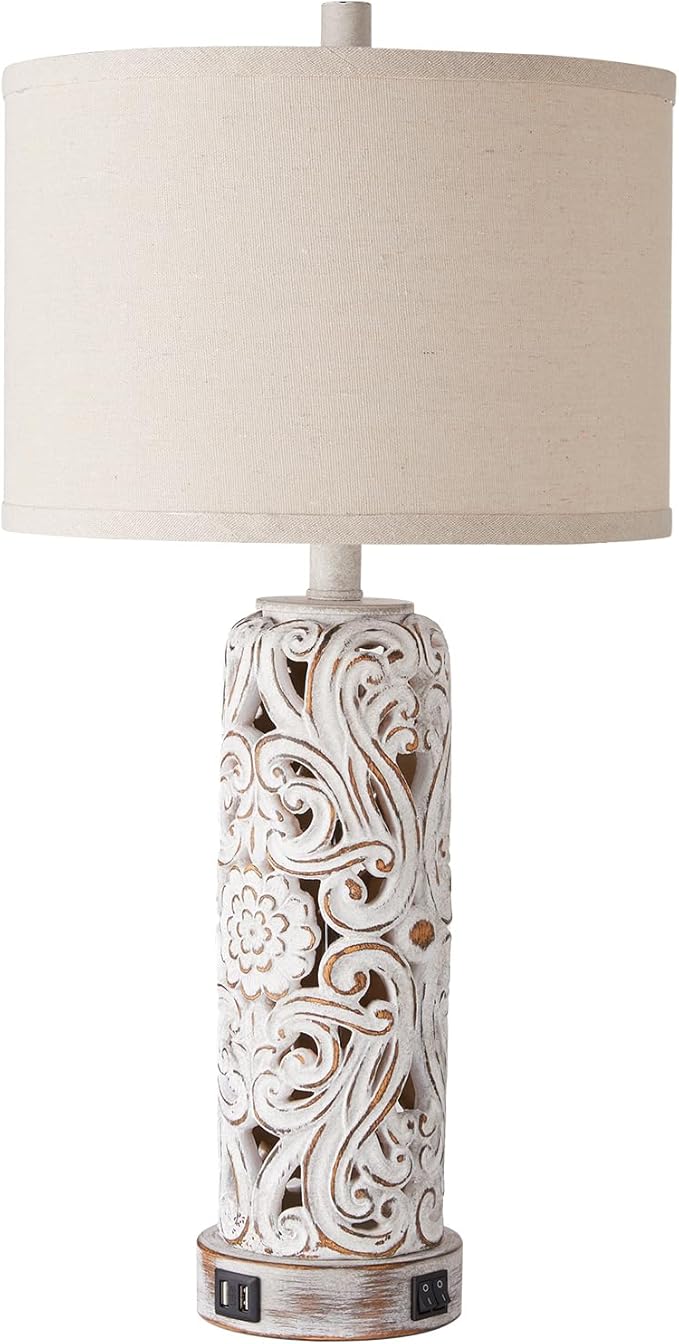 RORIANO Rustic Farmhouse Table Lamps for Living Room Bedroom, Vintage Bedside Lamp with Dual USB Port, Antique White Resin Retro Nightstand Lamps with Night Light, Bulbs Include