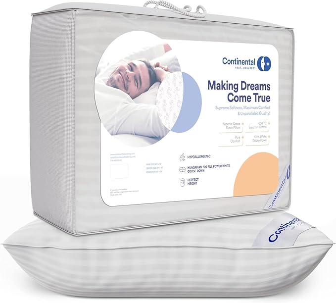 Continental Bedding | Serenity Goose Down Pillow | 700 Fill Power Hungarian White Down | 400TC Cotton Damask Shell | Made in USA | Soft, King with Protector