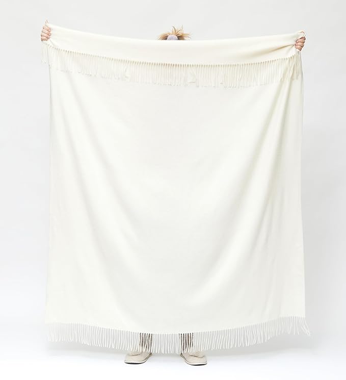 State Cashmere Home Throw Blanket with Decorative Fringe 100% Pure Cashmere Ultra Soft Accent Blanket for Couch, Sofa & Bed (Undyed White, 60"x50")