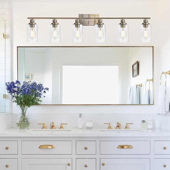 MELUCEE Modern Bathroom Vanity Light Fixtures 6-Light Brushed Nickel Contemporary Wall Light with Glass Shade for Kitchen Living Room Bedroom (Patent No.: US D963914 S)