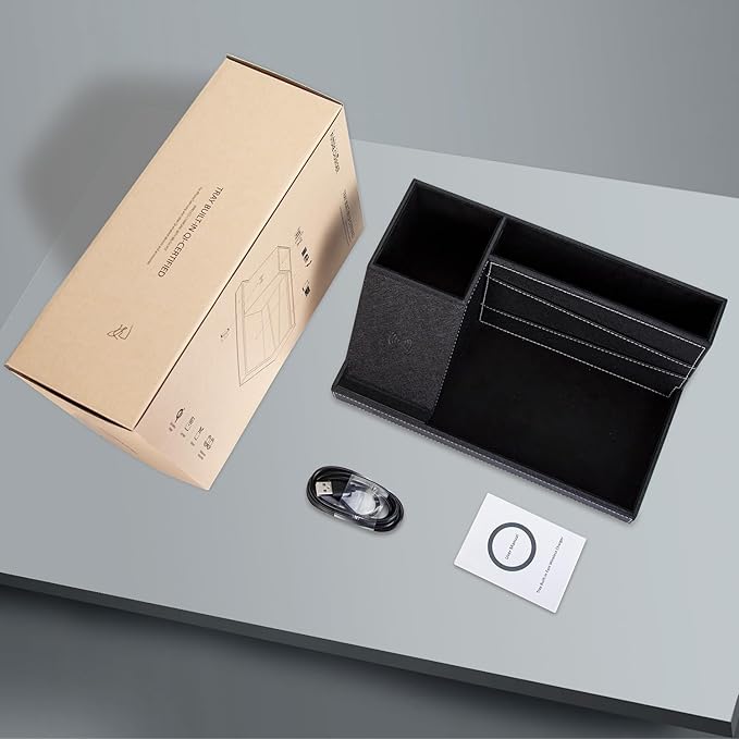 Valet Tray, Built in Wireless Charging Pad, Nightstand Organizer, Dresser Organizer, Mens Jewelry Box, Valet Charging Station, Faux Leather Valet Tray for Men and Women (Black+Wireless)