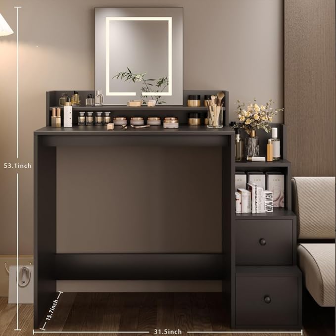 Vanity Desk with Mirror and Lights, Makeup Vanity Desk with Lights 3 Colors, Vanity Table with 2-Tier Shelves, Modern Black Dressing Table for Bedroom