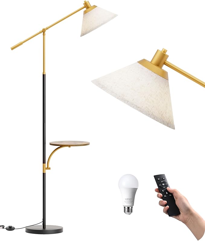 EDISHINE 68" Arc Floor Lamp with Table, Vintage Standing Lamp for Living Room with Tray, Height Adjustable, 5 Color Temperatures LED Bulb Included, Beige Shade, for Bedroom Office, Wood Grain