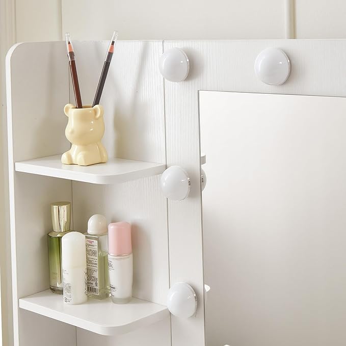 JBLCC Vanity Desk with Mirror and Lights, 39.4''W White Makeup Vanity with 3-Color Lighted Mirror, 7 Drawers & Open Shelves, Big Vanity Table for Bedroom, Girls & Women