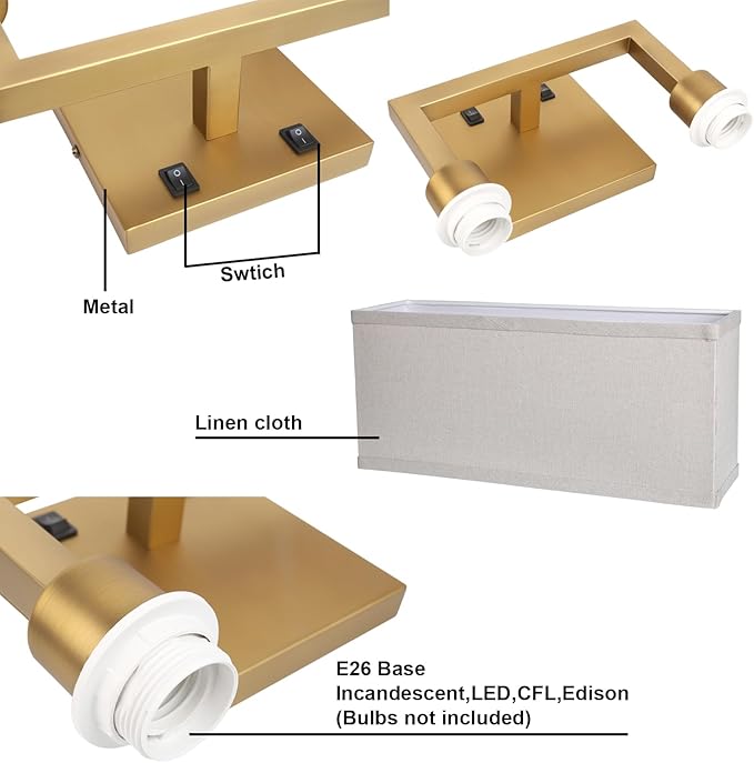 Yosoan Linen Fabric Boho Wall Sconce Bedside Light with On Off Switch, 2-Light Brass Finished Hardwired Vintage Industrial Dual Wall Mount Lamp Square Shade for Bedroom Living Room Stairwell(Antique)