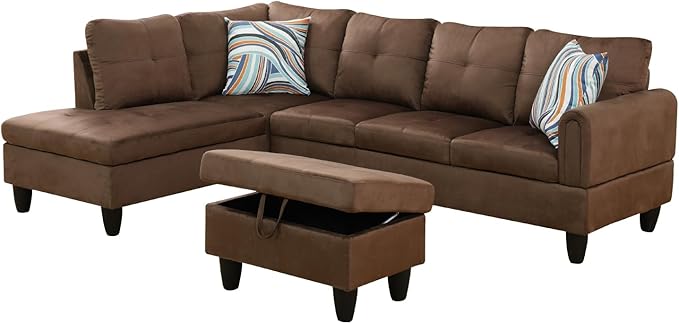 L-Shape 3-Piece Cloud Sofa, Couch for Living Room, Chocolate Flannel Fabric L-Shape with Reversible Chaise & Storage Ottoman, Ergonomic 110–115° Recline, Solid-Wood Frame