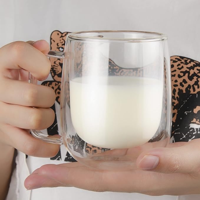 Glass Coffee Mug, 8.5 oz Double Walled Insulated Cup Heat-resistant for Tea Coffee Latte Cappuccino Espresso Iced Tea Dishwasher & Microwave Safe, Set of 1 (Round)