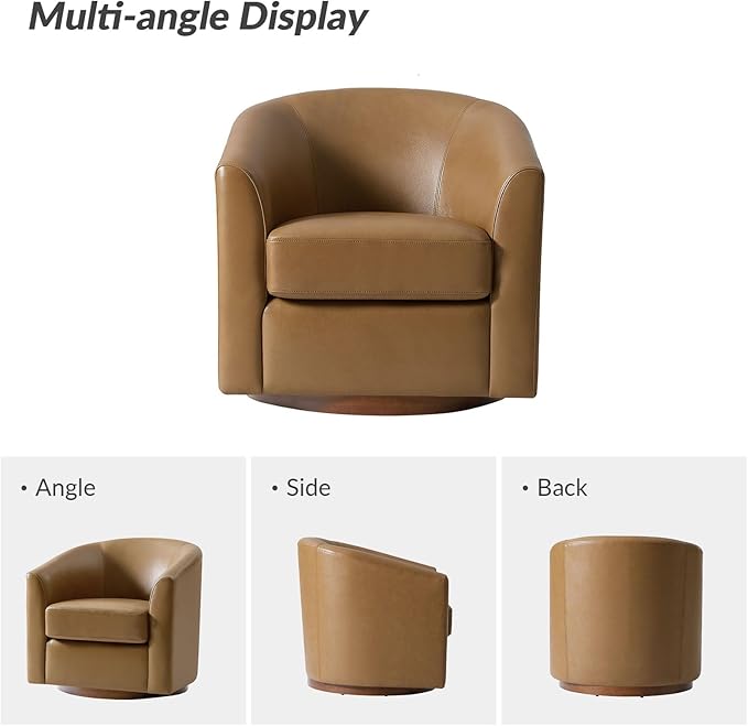 HULALA HOME Genuine Leather Swivel Accent Chair with Solid Wood Base, Round Swivel Barrel Chair for Living Room and Bedroom, Camel