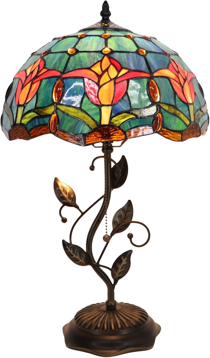 Tiffany Table Lamp, Stained Glass Desk Light, W12H19 Inch, Metal Leaf Base (Tulip Style)