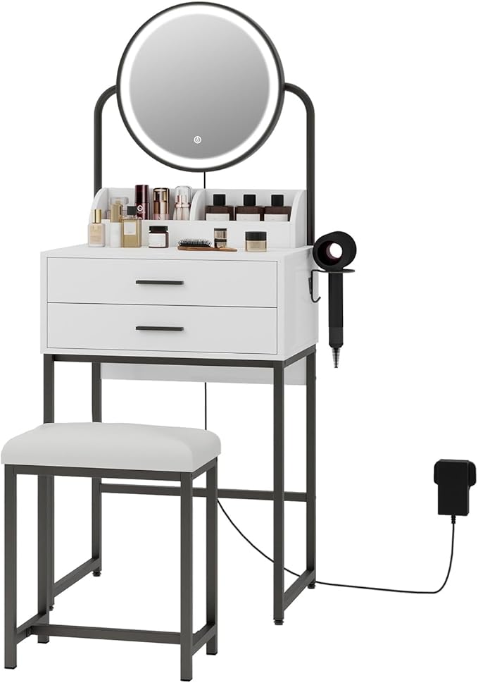 ARTETHYS Small Vanity Desk with Mirror and Lights Compact Makeup Vanity Set with Drawers for Bedroom Mini White Modern Dressing Table with Stool