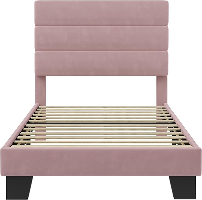 SHA CERLIN Twin Platform Bed Frame with Velvet Upholstered Headboard, Mattress Foundation with Strong Wooden Slats Support, No Box Spring Needed, Pink