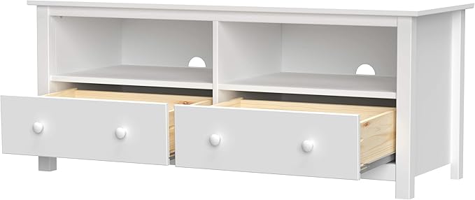 Handcrafted Solid Oak TV Stand Entertainment Center - Elegant White Media Console with Spacious Storage Drawers & Open Shelves - Sturdy Wood Cabinet Fits TVs up to 55 Inches