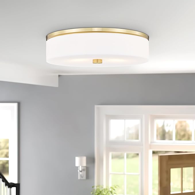 LMS Flush Mount Ceiling Light Fixture, Modern Brushed Gold Bathroom Ceiling Light with Drum Milky White Acrylic Shade, Kitchen, Living Room, LMS-192