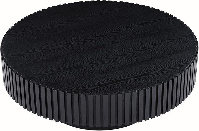 Round Coffee Table for Living Room, Accent Fluted Drum Coffee Table with Storage, Modern Solid Wood Circle Center Tea Table for Small Space Apartment (35.4''D×14''H-Black)