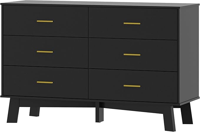 Dresser for Bedroom with 6-Drawer, 47.2" Modern Chest of Drawers with Metal Handles, X-Shape Base & Adjustable Center Leg, Anti-Tip Closet Organizers and Storage