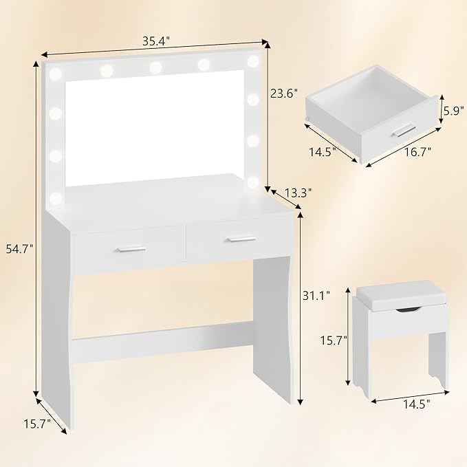 YESHOMY Vanity Desk with Mirror, Makeup Table with 11 Adjustable Lights and 2 Spacious Drawers, Soft-Padded Storage Stool, 3 Lighting Modes with Control, for Bedroom, Pure White