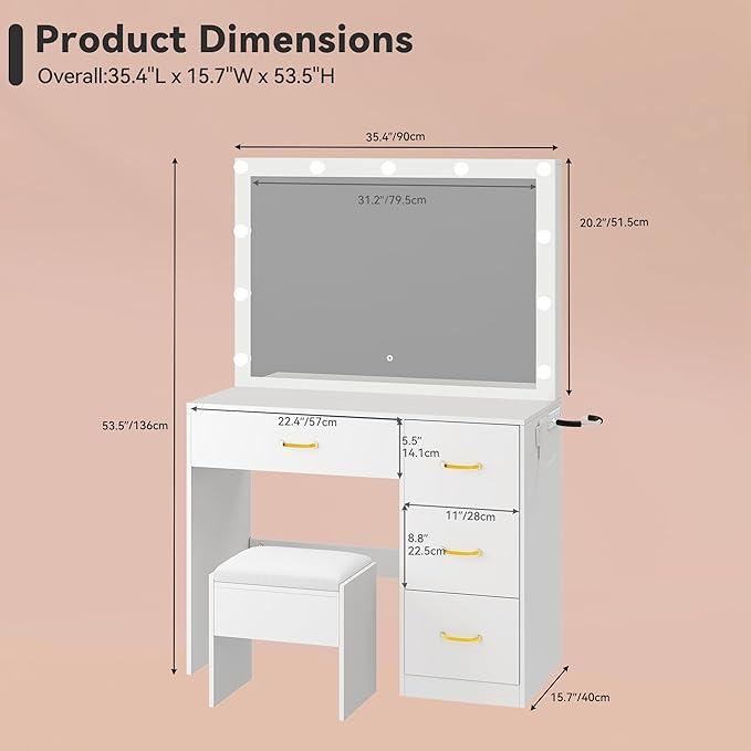 YITAHOME Makeup Vanity Set, Vanity Desk with LED Mirror & Power Hub, Makeup Desk for Dressing Room