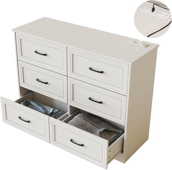 Fameill Dresser for Bedroom, 6 Drawer Wide Dresser Organizer with Charging Station for Hallway with Metal Handles, Woodgrain White