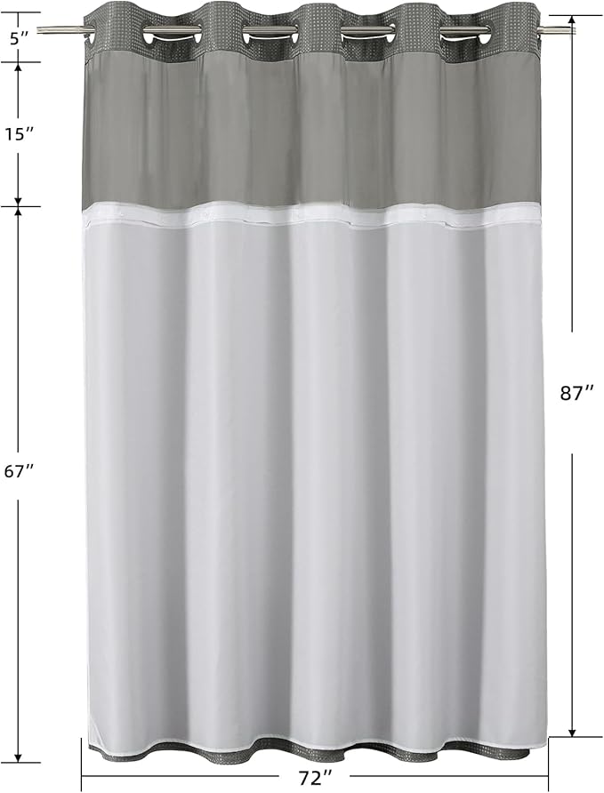 Colorful Star Extra Long Waffle Weave Shower Curtains, 256GSM Heavy Duty Shower Curtain with Snap in Fabric Liner, Hotel Style No Hook Waterproof Bathroom Curtain Set, 72 x 87 Inch, Grey