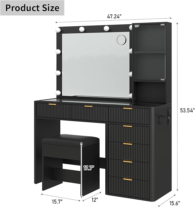 7 Drawers Fluted Vanity Desk with Charging Station, 47'' W Makeup Vanity with LED Lights and HD Mirror, 3 Lighting Modes Adjustable, Glass Top, Vanity Set for Bedroom, Black
