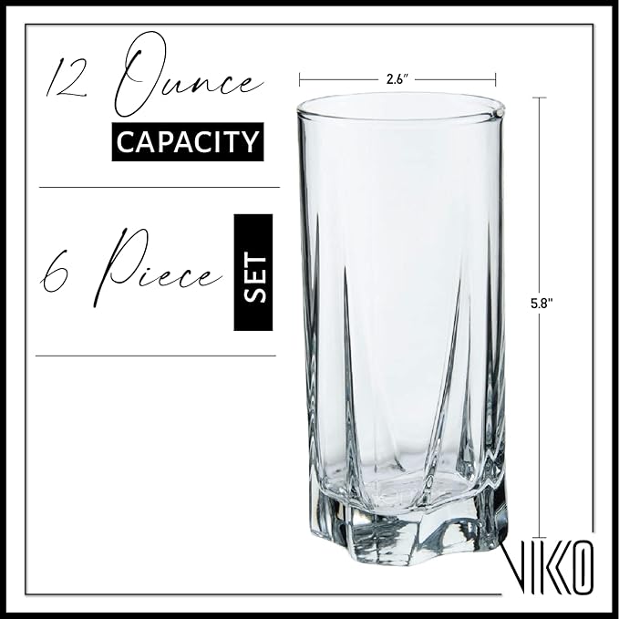 Vikko Drinking Glasses, 12 Oz Drinking Glasses Set of 6, Crystal Clear Glass Cups for Water or Juice, Highball Glass Tumbler & Water Glasses for Drinking