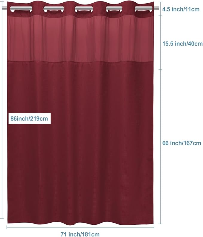 Burgundy Long No Hook Shower Curtain with Snap in Liner,230GSM Waffle Weave Shower Curtains for Bathroom,71W x 86H