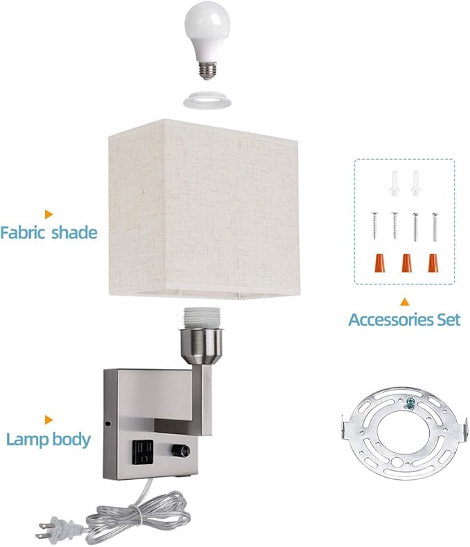 Plug in Wall Sconce, Bedside Wall lamp with Plug and dimmable Switch, with USB Charging Port and Socket, Suitable for Hotel, Corridor, Living Room and Bedroom Wall Light (Nickel)