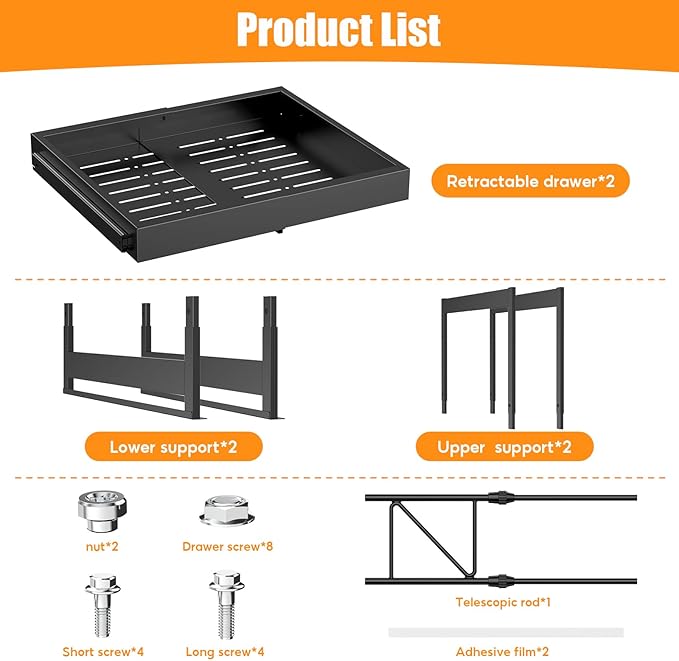 2-Tier Expandable Pull Out Cabinet Organizer, 16.9" Deep Heavy-Duty Slide Rail Slide Out Drawer Organizers with Adhesive Nano Film for Pots, Roll out Shelf Storage for Kitchen & Pantry Storage,Black