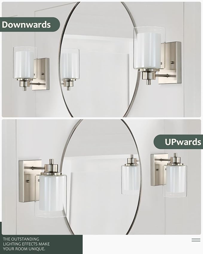 3 Pack Bath Vanity Light Fixtures 1-Light, Indoor Brushed Nickel Wall Light with Dual Glass Shade, Farmhouse Bathroom Wall Scone