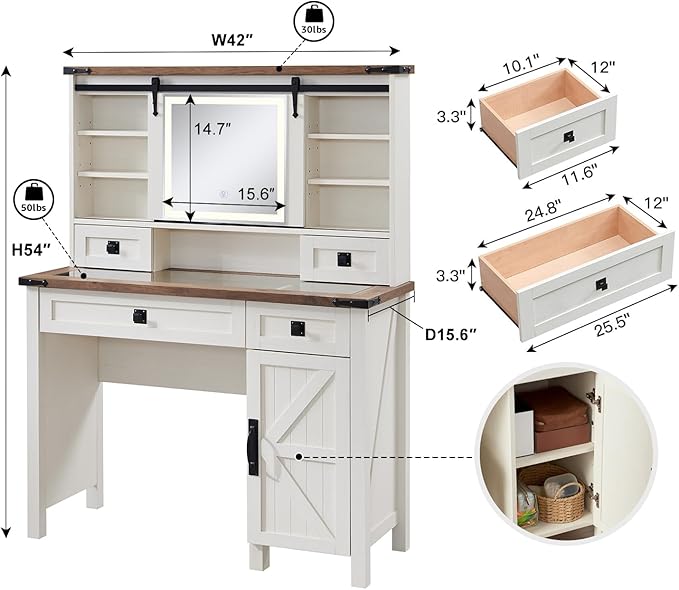 T4TREAM Farmhouse Makeup Vanity Desk with Sliding Mirror and Lights, 42'' Glass Tabletop Vanity Table with 2 Drawers & Shelves, Rustic Big Vanity Set for Bedroom, Antique White