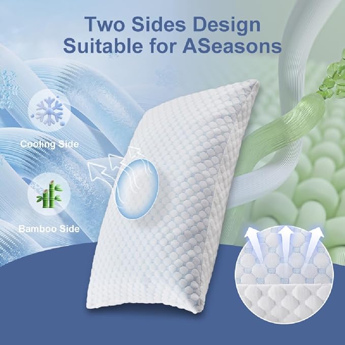Cooling Bed Pillows for Sleeping 2 Pack Shredded Memory Foam Pillows Adjustable Cool Pillow for Side Back Stomach Sleepers Pillows Queen Size Set of 2 Washable Removable Cover