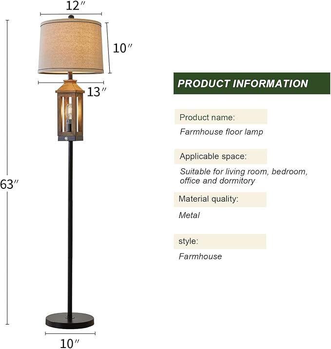 63" Farmhouse Floor Lamps for Living Room Bedside Nightstand Lamp Black Tall Standing Lamp for Home Decor Bedroom Reading Wood Lamp Rustic Bed Lights with 2 Light Sources