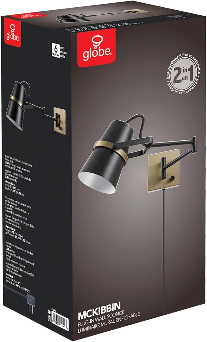 GLOBE Electric 51345 1-Light Plug-in or Hardwire Swing Arm Wall Sconce, Matte Black, Brass Accents, 6ft Black Woven Fabric Cord, Flat Plug, Rotary On/Off Switch, Wall Lighting, Bulb Not Included