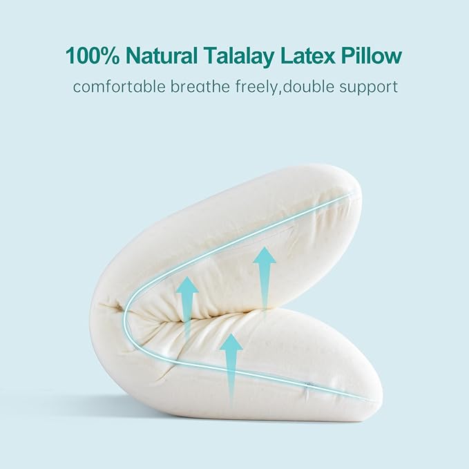 100% Natural Talalay Latex Pillow Sleeping Bed Pillows, Extra Soft Luxury Queen Pillow, Perfectly Aligns for Side/Back Pain, Stomach, Neck, Removable Breathable Cotton Cover (Queen Size)
