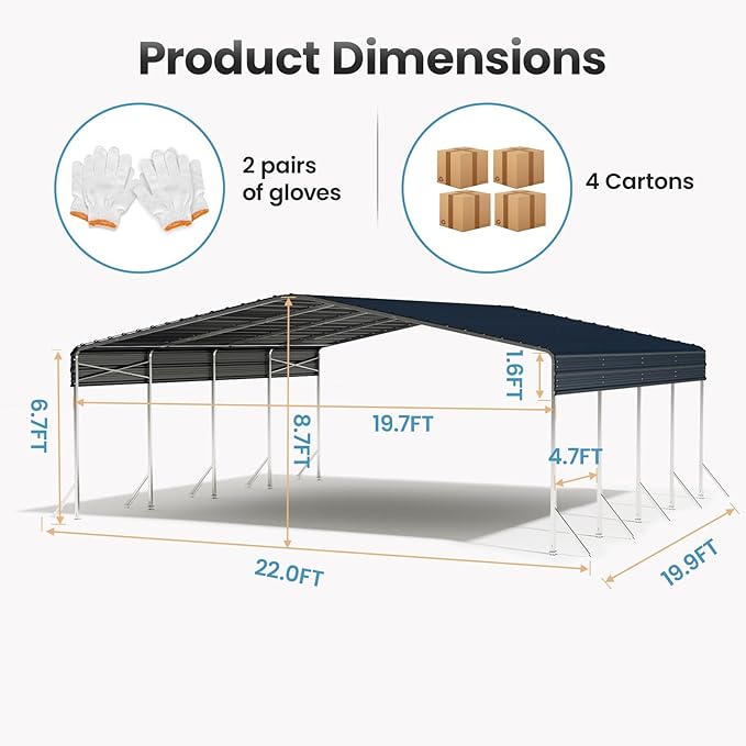 20x20 Carport, Heavy Duty Metal Car Port, All-Weather Protection, Easy Assembly for Cars, Trucks, Boats, Tractors, and Outdoor Storage, Grey