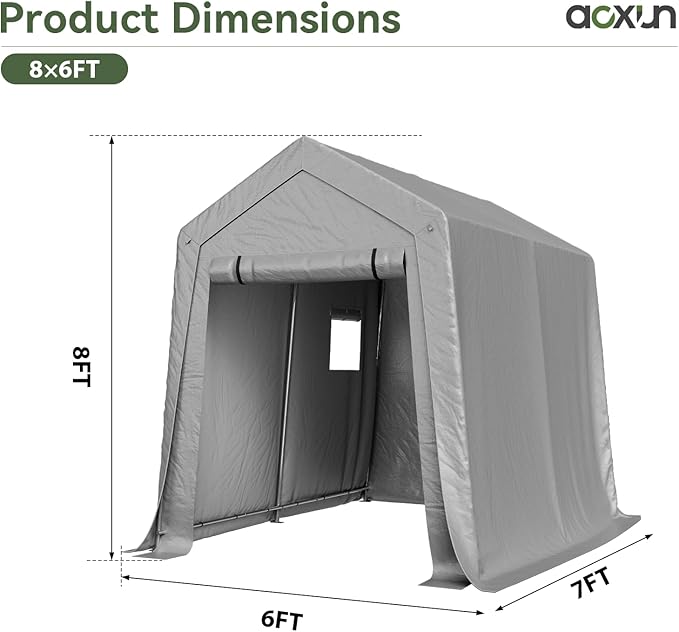 Aoxun 6x8x7 FT Outdoor Portable Storage Shed Tent with Roll-up Zipper Door and Window Portable Carport with Waterproof Tarp Galvanized Steel for Motorcycle, Generator, Bike Storage (Gray)