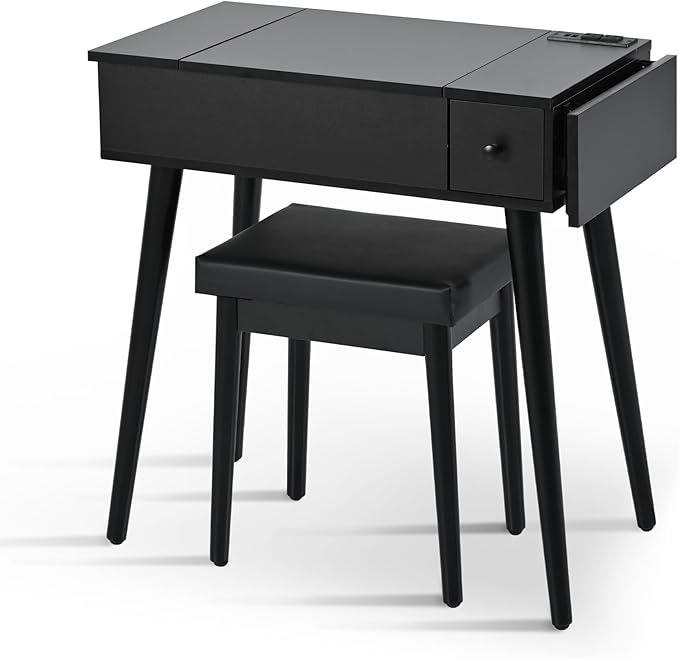 Black Makeup Vanity Desk with Flip Top Mirror and LED Light, Dressing Table Set with Cushioned Stool, Charging Station, 2 Drawers and Fold-up Panel for Bedroom 