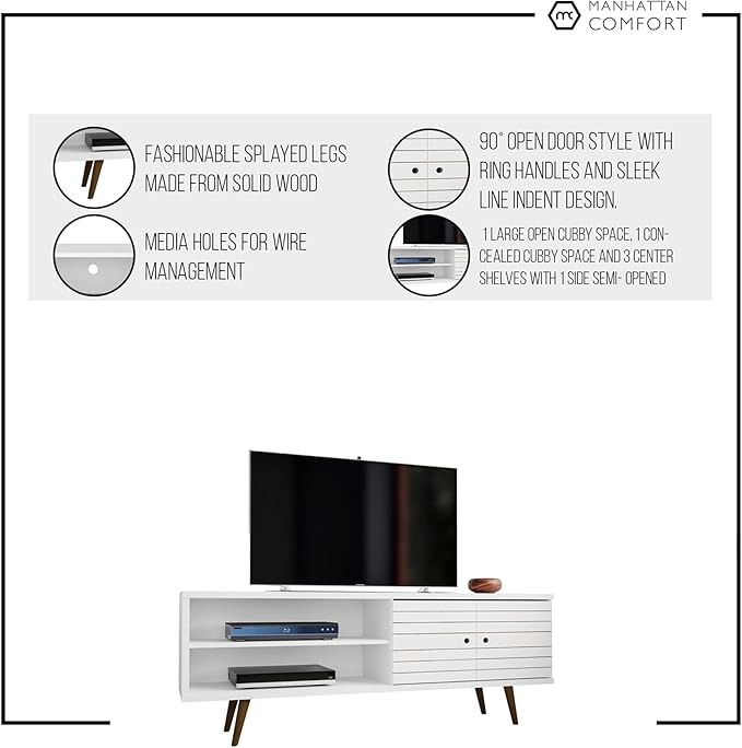 Manhattan Comfort Liberty Mid Century Modern TV Stand for Televisions up to 60 Inches, Bedroom and Living Room Entertainment Center with Storage, Shelves, and Cabinet, 63" Wide, White/3d Print