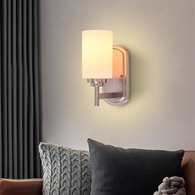 Modern Wall Sconces Set of 2, Bathroom Vanity Lights with White Frosted Glass, Wall Lighting Fixtures Satin Nickel for Entryway Over Mirror Living Room Bedroom