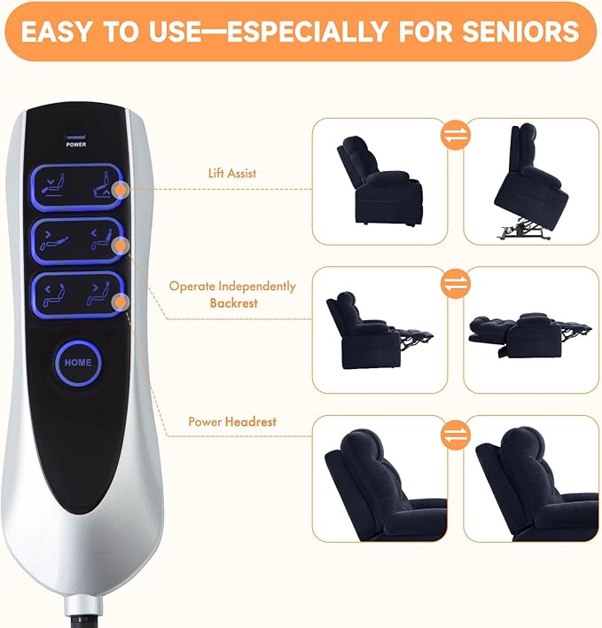 Triple Motor Large-Wide Power Lift Recliner Chair with Power Headrest for Big and Tall Elderly, Infinite Position, Massage Heat, Extend Footrest, USB, Cup Holder, Plush Flannel, Blue