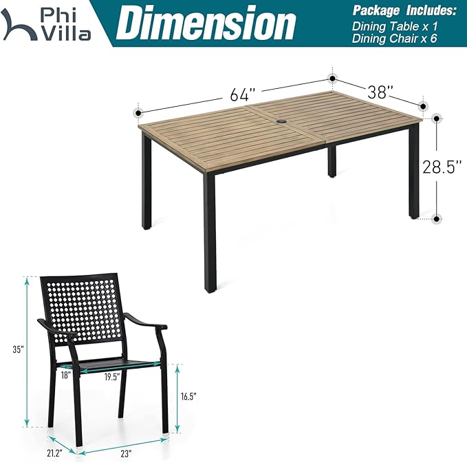 PHI VILLA 7 Pieces Patio Dining Set for 6, 65” Wood-Like Metal Steel Dining Table & Stackable Iron Dining Chairs, Large Dining Furniture Set for Outdoor Deck, Yard, Porch
