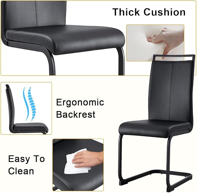 42"-54" Extendable Dining Table Set for 4, Round Dining Table Set for 4, 0.73" Thick Wood Tabletop with Smooth Edge, Black Metal Leg with Non-Slip Footmat, 4 Soft PU Chairs, for Kitchen, Small Space