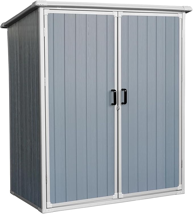 5x3 FT Resin Outdoor Storage Shed with Floor, Resin Cabinet with Lockable Doors, Waterproof Plastic Bike Tool Shed Easy to Install for Patio Furniture, Bikes, Grey
