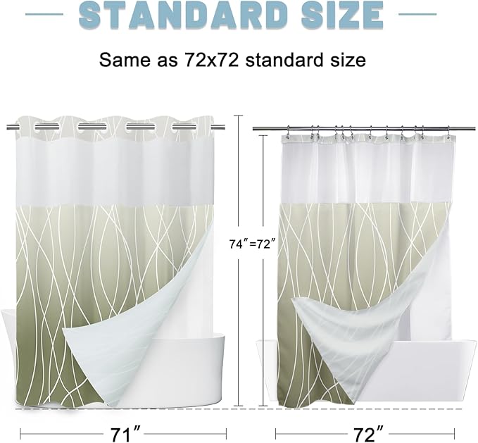 No Hook Ombre Sage Green Striped Shower Curtain with Snap in Liner Set - Hotel Shower Curtain and Liner Set with See Through Mesh Top Window,Machine Washable, 71x74 INCH