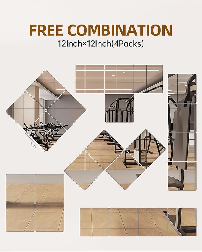 Glass Wall Mirror Tiles 12" x 12" Frameless Full Length Mirror Wall Mounted Full Body Mirrors for Bedroom Home Gym Door Bathroom (4PCS)