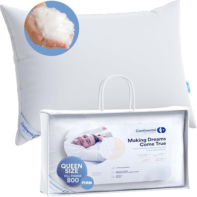 Continental Bedding 100% Siberian Goose Down Pillow 800 Fill Power, Firm, Queen, White