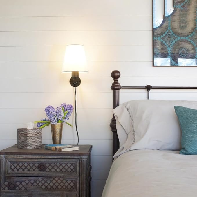 Black Plug in Wall Sconces Set of Two, Wall Lamp with Plug in Cord On/Off Switch, Black Wall Sconce Light Plug in, Bedside Wall Mounted Light with Fabric Linen, Wall Decor for Bedroom Living Room