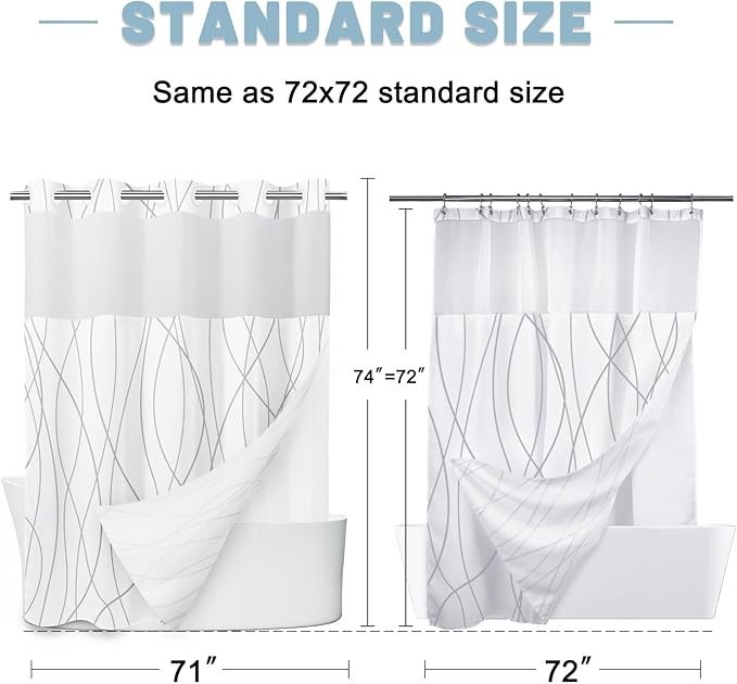 No Hook Grey White Striped Shower Curtain with Snap in Fabric Liner Set - Hotel Liner Set with See Through Mesh Top Window,Machine Washable, 71x74 INCH