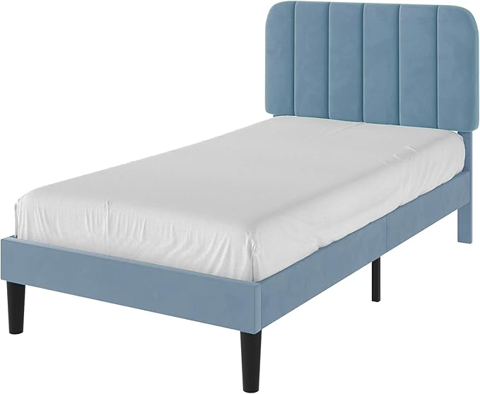 VECELO Twin Size Bed Frame with Upholstered Headboard, Velvet Platform Bedframe Mattress Foundation, Strong Wood Slat Support, No Box Spring Needed,Sky Blue
